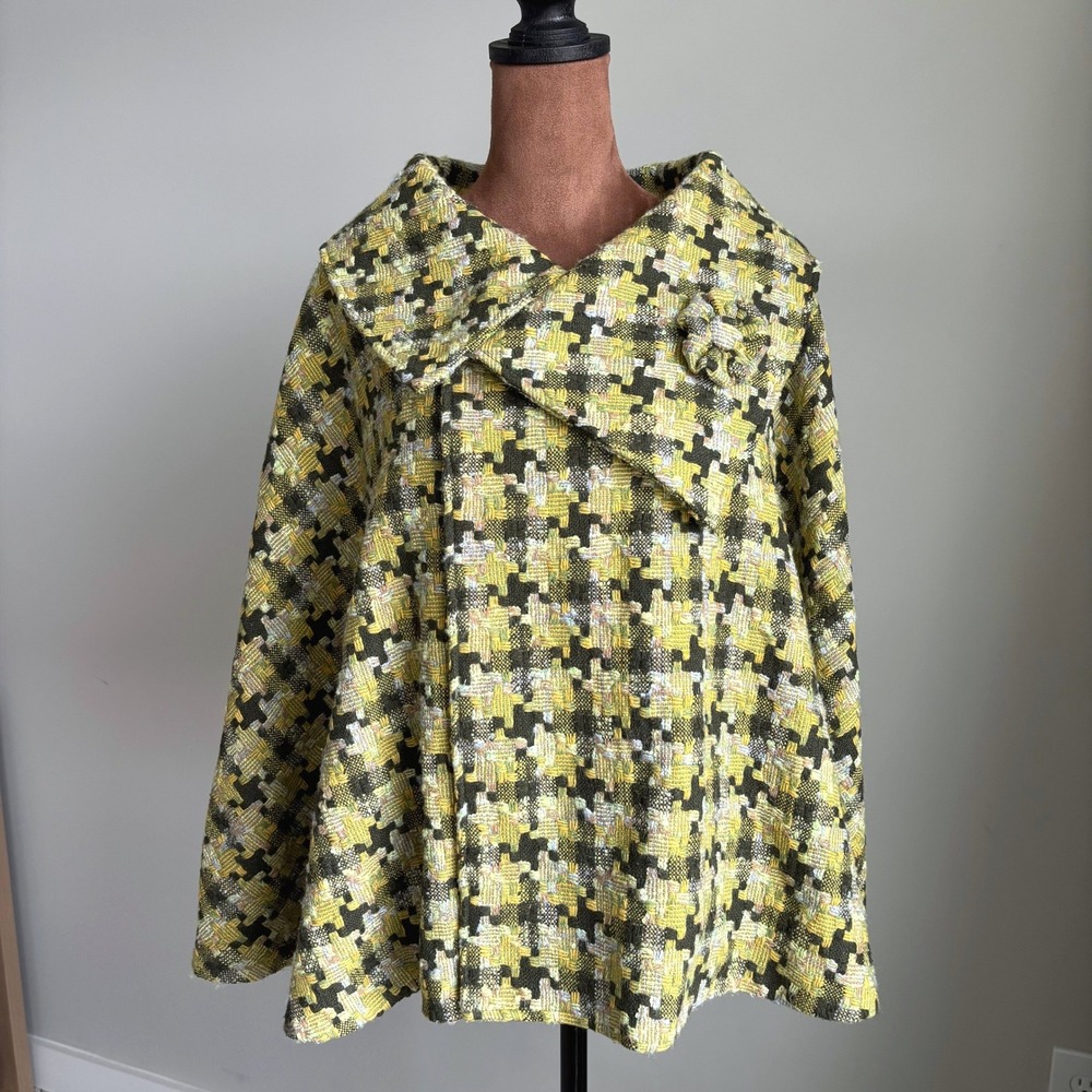 Vintage Frangi Cape Whimsical Houndstooth Tweed Wool Romantic Preppy Funky Chic